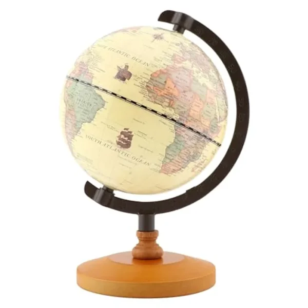 CALIDAKA Globos geográficos, globo antiguo con una base de madera, mundo de escritorio político decorativo vintage para escuela, hogar y oficina, 8.7 x 5.5 pulgadas