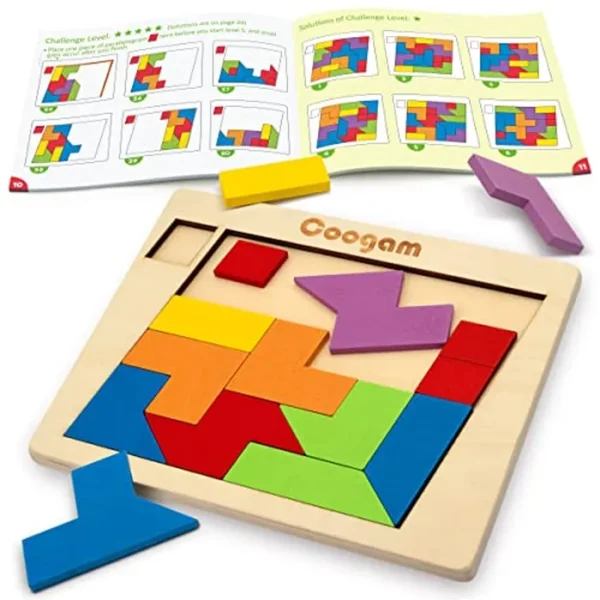 Coogam Bloques de rompecabezas de madera geométricos Tangram Brain Teasers Jigsaw 3D Logic IQ Game Patrón de forma colorida Montessori STEM Juguetes educativos Regalo 60 desafíos para todas las edades