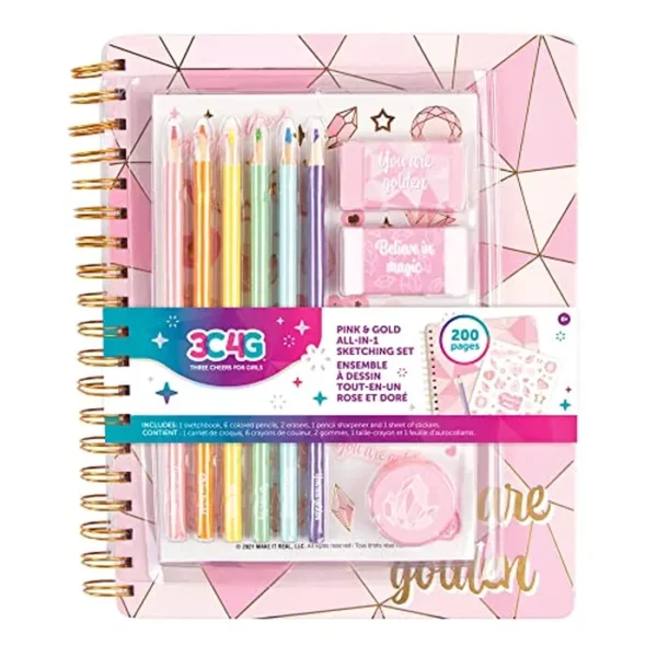 Three Cheers for Girls - Juego de cuadernos de bocetos todo en 1 rosa y dorado - Diario para niñas, diario, cuaderno de bocetos para niños con lápices, calcomanías y más - Kit de dibujo para niños -