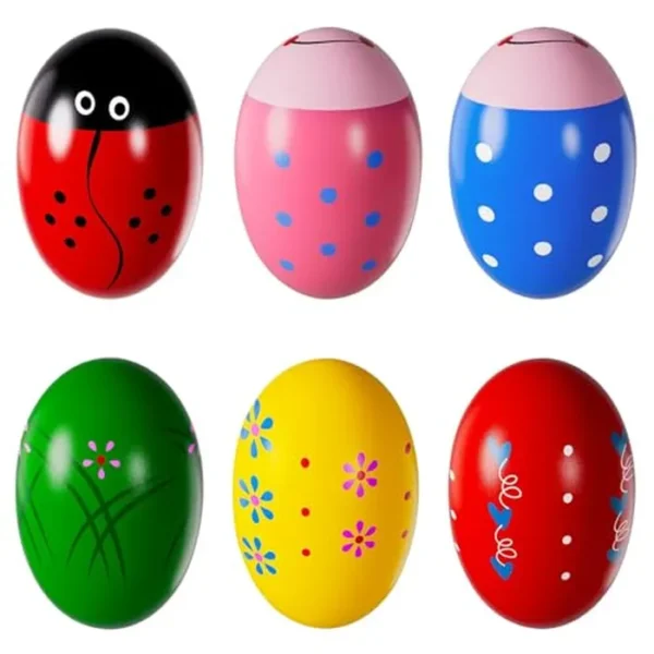 Juego de 6 huevos de Pascua precargados para cestas de Pascua, huevos de percusión musical de madera, juguetes esenciales Montessori para niños pequeños, adolescentes, niños, niñas y bebés