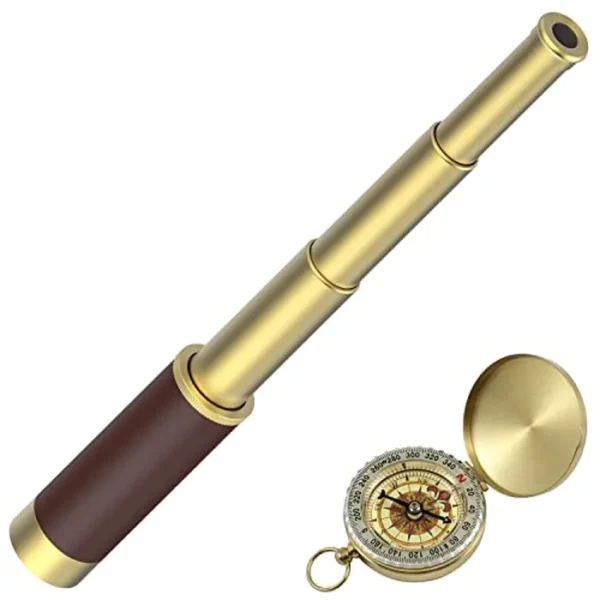 Telescopio pirata Spyglass Brújula de bolsillo para niños, juego de juguetes para fiesta pirata, telescopio pirata retro con zoom de 25 x 30 pulgadas con brújula de bolsillo pirata para suministros de