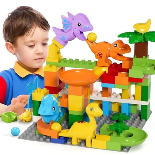 burgkidz Marble Run - Bloques de construcción de juguetes de dinosaurios: pista de carreras STEM Ball para niños y niñas con bloques de construcción funcionales de dinosaurios, juego de laberinto de