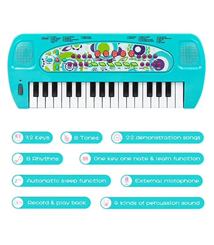 B09P54RDJZ03 Raimy Mini piano de teclado para niños, piano portátil de 32 teclas, aprendizaje temprano, teclado electrónico de música, instrumento de instrumento para niños y niñas de 3, 4, 5, 6 años (azul)