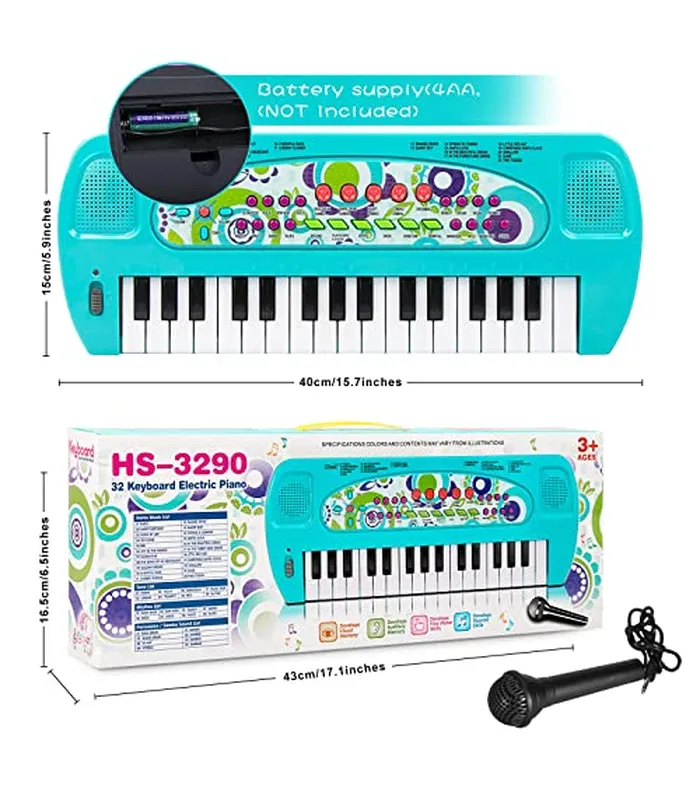 B09P54RDJZ04 Raimy Mini piano de teclado para niños, piano portátil de 32 teclas, aprendizaje temprano, teclado electrónico de música, instrumento de instrumento para niños y niñas de 3, 4, 5, 6 años (azul)