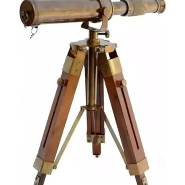 Telescopio de latón marítimo antiguo con trípode ajustable, telescopio decorativo para el hogar, náutico con soporte, decoración de trípode vintage de madera y accesorio de mesa, cristal
