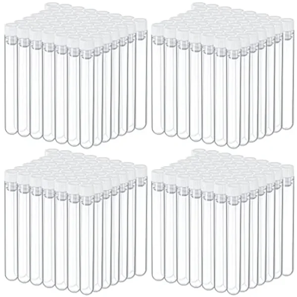 Flutesan 200 tubos de ensayo de plástico transparente de 0.630 x 3.937 in (0.3 fl oz) con tapas para experimentos científicos, Halloween, Navidad, suministros para fiestas de cumpleaños con temática
