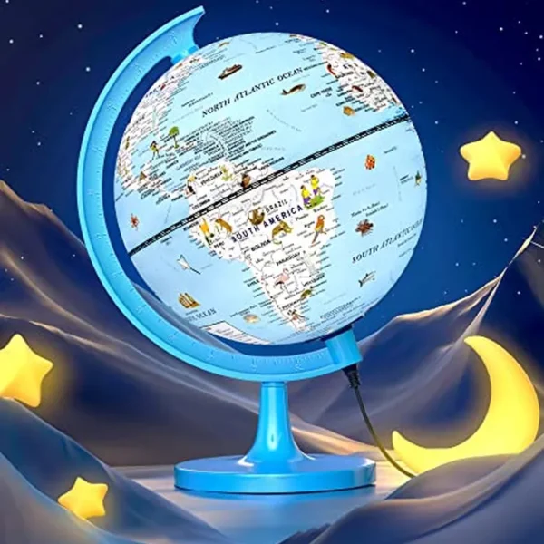 Globo del mundo para niños de 8 pulgadas iluminado con más de 100 ilustraciones de aventuras de animales y luz nocturna, juguetes de aprendizaje STEM para el aula, regalos educativos únicos mágicos
