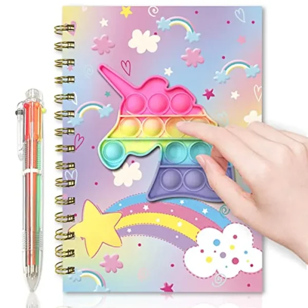 Cuaderno de burbujas para niños, diario para niñas de 8.5 x 5.3 pulgadas, 160 páginas rayadas con 6 bolígrafos multicolor en espiral para adolescentes, escuela, escritura, dibujo, unicornio, para