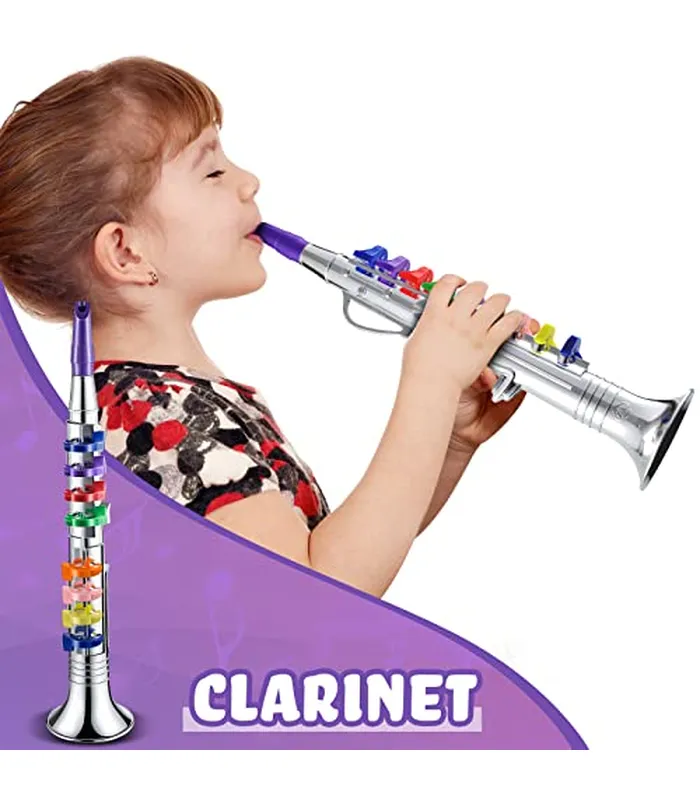 B0B3941Y5R03 Lewtemi Juego de 3 saxofones para niños, instrumentos musicales, juguete de saxofón, trompeta y clarinete con 8 teclas codificadas de colores, canciones de enseñanza, regalos para niños pequeños