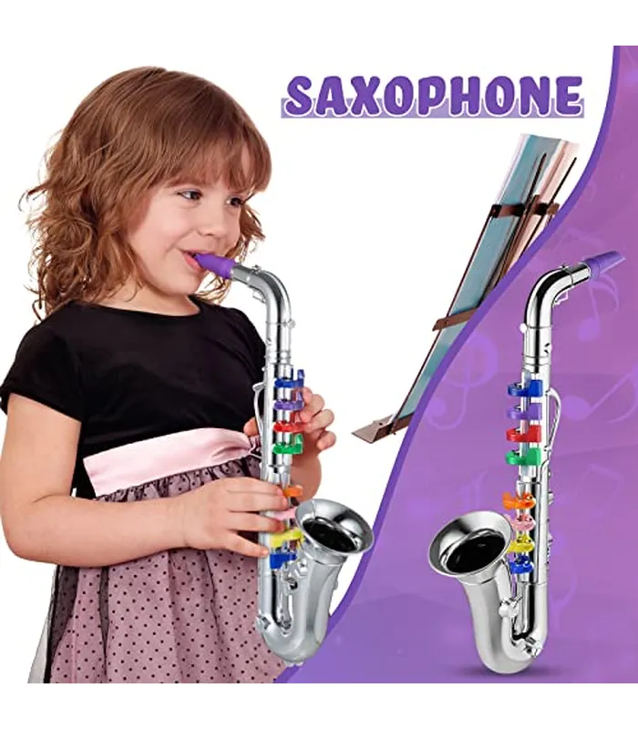 B0B3941Y5R04 Lewtemi Juego de 3 saxofones para niños, instrumentos musicales, juguete de saxofón, trompeta y clarinete con 8 teclas codificadas de colores, canciones de enseñanza, regalos para niños pequeños