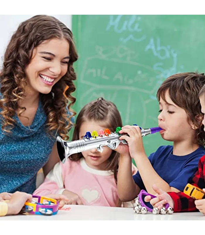 B0B3941Y5R06 Lewtemi Juego de 3 saxofones para niños, instrumentos musicales, juguete de saxofón, trompeta y clarinete con 8 teclas codificadas de colores, canciones de enseñanza, regalos para niños pequeños