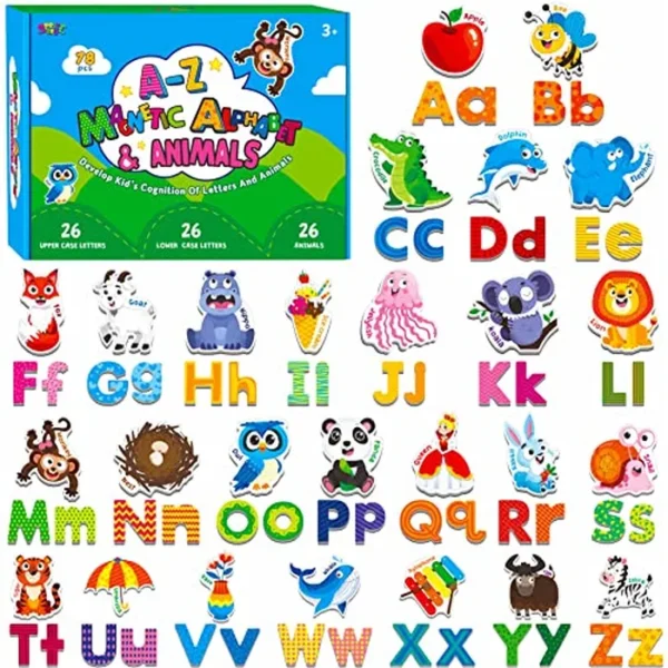 78 alfabetos magnéticos, 26 mayúsculas, 26 letras minúsculas y 26 patrones de objetos, adorables imanes de animales del alfabeto ABC para nevera, letras educativas, juguetes de aprendizaje de