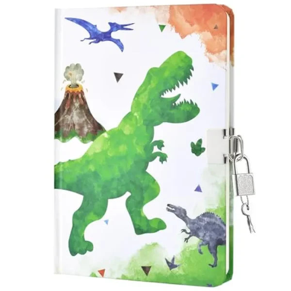 WERNNSAI Diario de dinosaurios de acuarela para niños, cuaderno luminoso de regalo para niños, escuela, viajes, diario privado, tapa dura, A5, notas rayadas, cuaderno de dibujo con teclas de bloqueo
