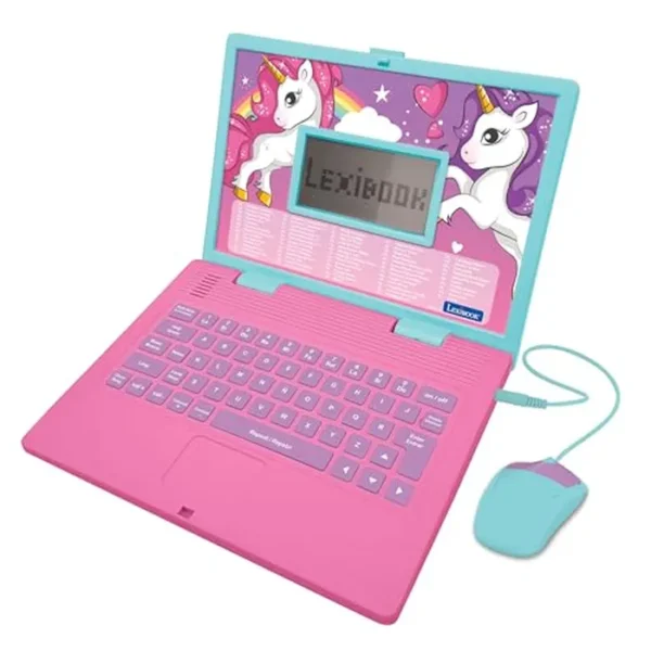 LEXiBOOK - Unicornio Educativo y Bilingüe Portátil Español/Inglés - Juguete para Niños con 124 Actividades para Aprender Matemáticas, Dactilografía, Lógica, Lectura de Reloj, Jugar Juegos y Música -