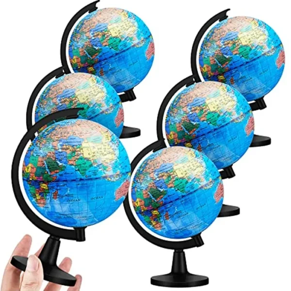 Henoyso 6 globos del mundo de 4.6 pulgadas para niños, mini escritorio para el aula, globos decorativos de tierra con soporte negro, mapa del mundo giratorio educativo para adultos, decoración de mesa