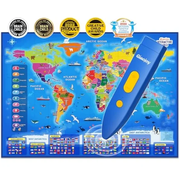 Mapa del mundo interactivo bilingüe para niños, juguetes educativos y de aprendizaje, mapa del mundo electrónico para niños, póster para juegos de geografía de 3 a 12 años, tarjeta de regalo