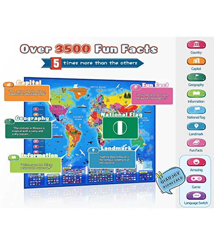 B0B7JKCRQP03 Mapa del mundo interactivo bilingüe para niños, juguetes educativos y de aprendizaje, mapa del mundo electrónico para niños, póster para juegos de geografía de 3 a 12 años, tarjeta de regalo