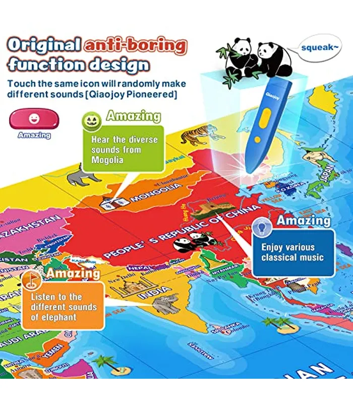 B0B7JKCRQP04 Mapa del mundo interactivo bilingüe para niños, juguetes educativos y de aprendizaje, mapa del mundo electrónico para niños, póster para juegos de geografía de 3 a 12 años, tarjeta de regalo