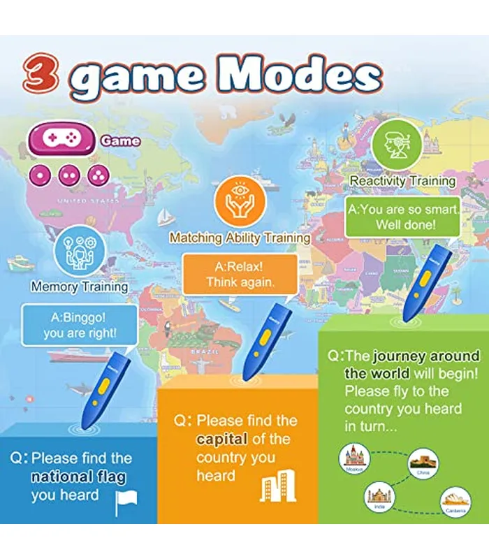 B0B7JKCRQP05 Mapa del mundo interactivo bilingüe para niños, juguetes educativos y de aprendizaje, mapa del mundo electrónico para niños, póster para juegos de geografía de 3 a 12 años, tarjeta de regalo