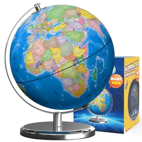 Globo del mundo iluminado con soporte, globos terrestres de 9 pulgadas con base estable de metal pesado para el aprendizaje del aula de los niños, luz nocturna de globo de constelación LED