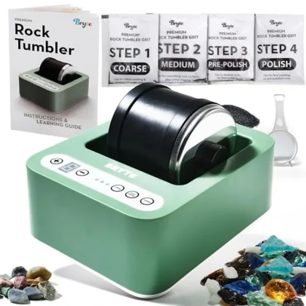 BRYTE Kit de vaso de rocas, 3 velocidades y temporizador de pulido digital de 9 días, inyección dual, motor prémium de enfriamiento automático, pulidor de rocas de grado profesional para niños y