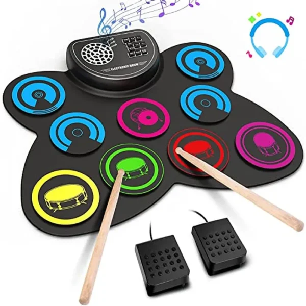 Juego de batería electrónica de 9 almohadillas con conector para auriculares, baquetas y pedales, regalos navideños para niños