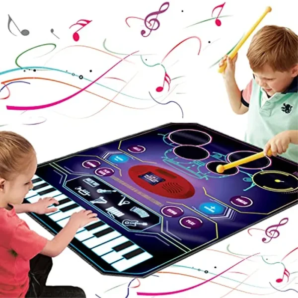 Juguetes de aprendizaje de música 2 en 1 para niños y niñas, juego de batería + alfombrilla de piano, grabación y reproducción, canciones integradas, 8 sonidos de instrumentos, 24 llaves,