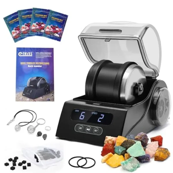 Kit de vaso de roca para adultos, vaso pulidor de rocas con cubierta de reducción de ruido, control de velocidad y temporizador, incluye 4 granos de pulido, piedras preciosas ásperas, guía de