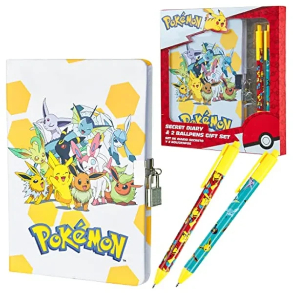 Juego de diario Pokémon para niños y adolescentes, diario con cerradura o cuaderno con bolígrafo, diario secreto, suministros escolares, regalos lindos de Pikachu para niños (cuaderno/juego)