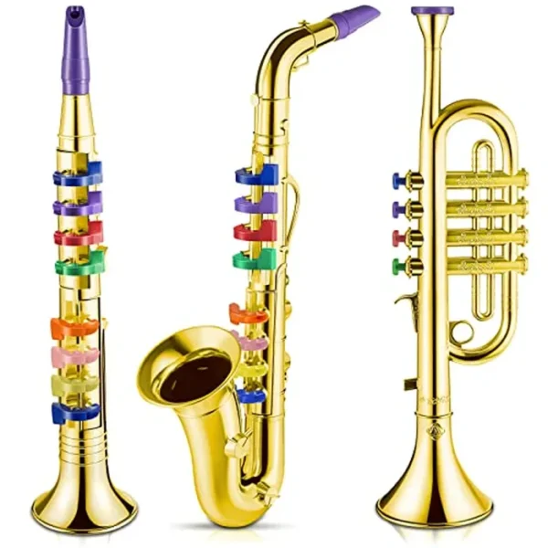 Lewtemi Juego de 3 saxofones para niños, instrumentos musicales, juguete de saxofón, trompeta y clarinete con 8 teclas codificadas de colores, canciones de enseñanza, regalos para niños pequeños