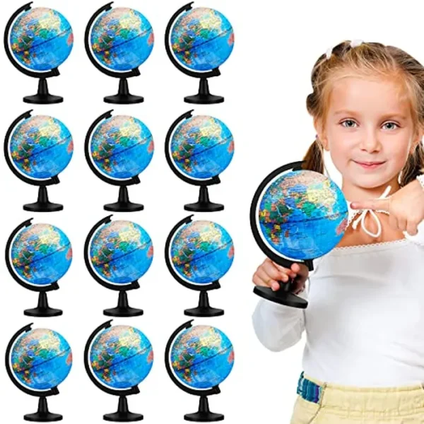 Meooeck 12 globos del mundo con soporte de 4.6 pulgadas, globo geográfico del mundo a granel para niños, estudiantes, aprendizaje educativo, aula, escritorio, decoración, color azul