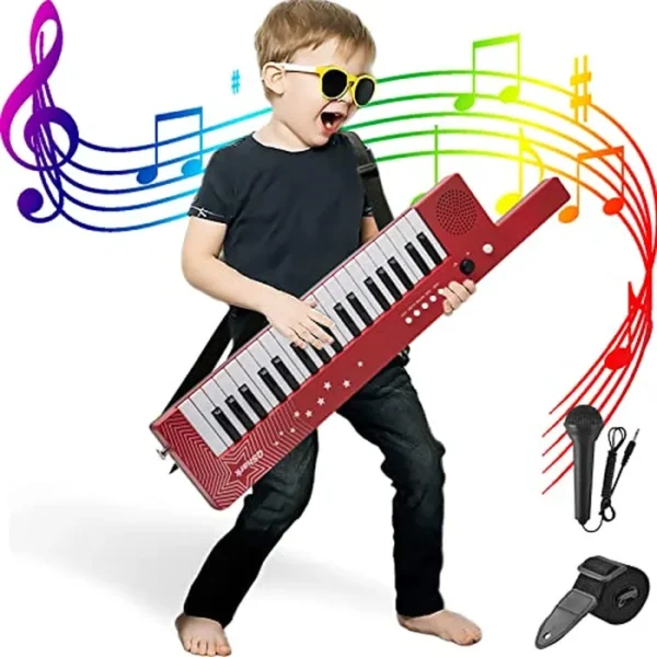 Teclado de piano portátil de 37 teclas, juguetes electrónicos de karaoke con micrófono y correa de transporte, 4 tonos, 4 ritmos, 10 canciones de demostración, recargable, regalos de cumpleaños