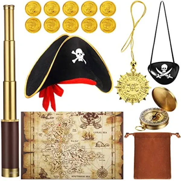 Juego de 17 piezas de telescopio monocular pirata, mapa del tesoro, sombrero pirata, parche de bolsillo, brújula, collar pirata, monedas de plástico con bolsa de terciopelo para suministros de fiesta