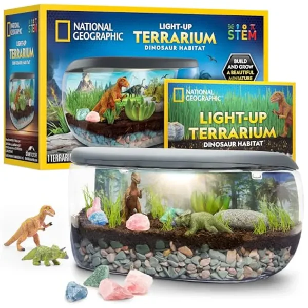 NATIONAL GEOGRAPHIC - Kit de terrario iluminado para niños, construye un hábitat de dinosaurio con plantas y piedras preciosas reales, kit de ciencia de regalo para niños y niñas, juguetes de