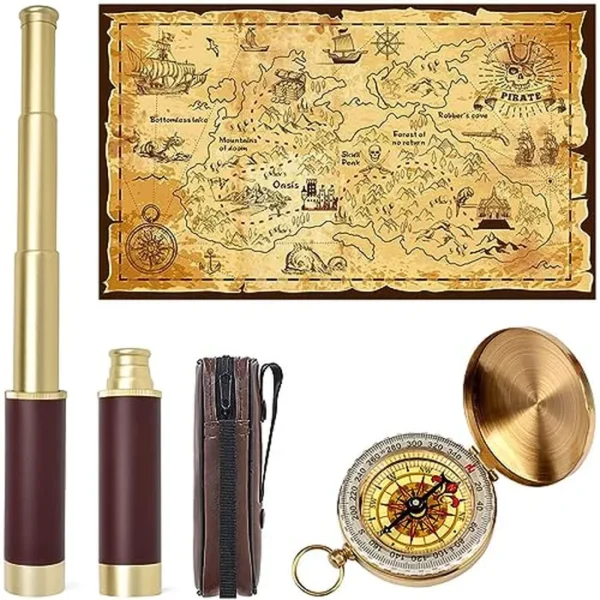 Pirate Spyglass Telescope Treasure Map Pocket Brújula Juego de juguetes para niños, plegable de mano de 25 x 30 pulgadas con zoom, tela de poliéster monocular enorme mapa y brújula dorada, regalo para
