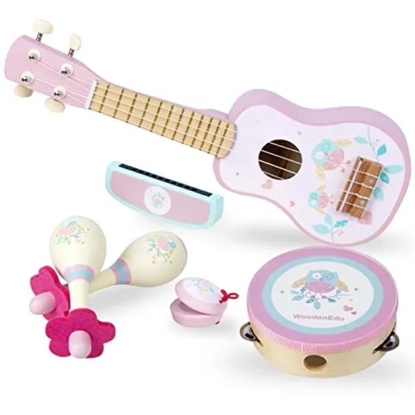 Guitarra infantil para niñas, instrumentos musicales de madera, juguetes con ukelele, pandereta, maracas, armónica, juegos de mini bandas para niños de 2 a 3 años, regalo de cumpleaños (rosa