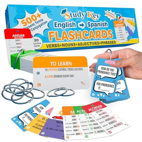 Más de 500 tarjetas flash en inglés y español para adultos y niños a partir de 15 años – Cubriendo la conjugación de verbos, sustantivos, adjetivos y frases para aprender español para