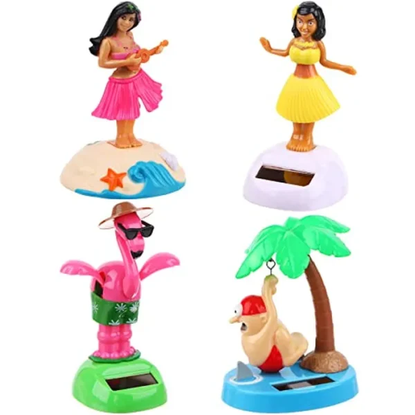 Paquete de 4 juguetes bailarines alimentados por energía solar de Hawaii Girl Flapping Wings Flamingo Car Shaking Head Dancer Doll Hawaii Toy Swing Figurines Car Windowalféizar de la ventana del
