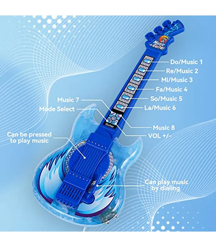 B0BZSPFF9C03 Juego de guitarra y micrófono para niños, máquina de karaoke con música y luz, juguetes de micrófono con soporte, juguetes de guitarra de altura ajustable para niños, niños pequeños (azul)