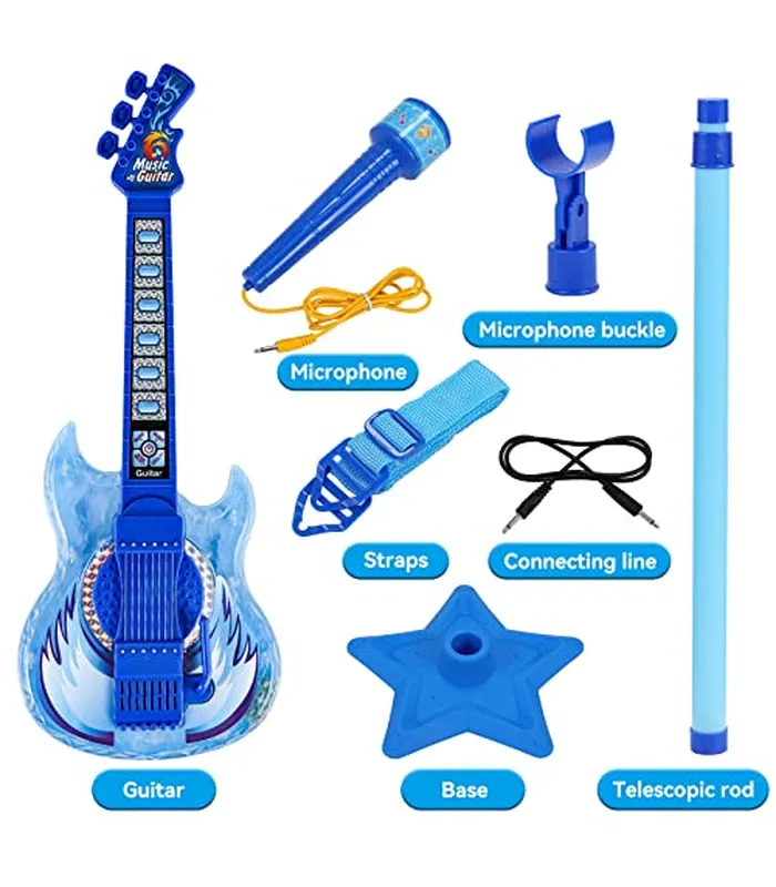 B0BZSPFF9C04 Juego de guitarra y micrófono para niños, máquina de karaoke con música y luz, juguetes de micrófono con soporte, juguetes de guitarra de altura ajustable para niños, niños pequeños (azul)