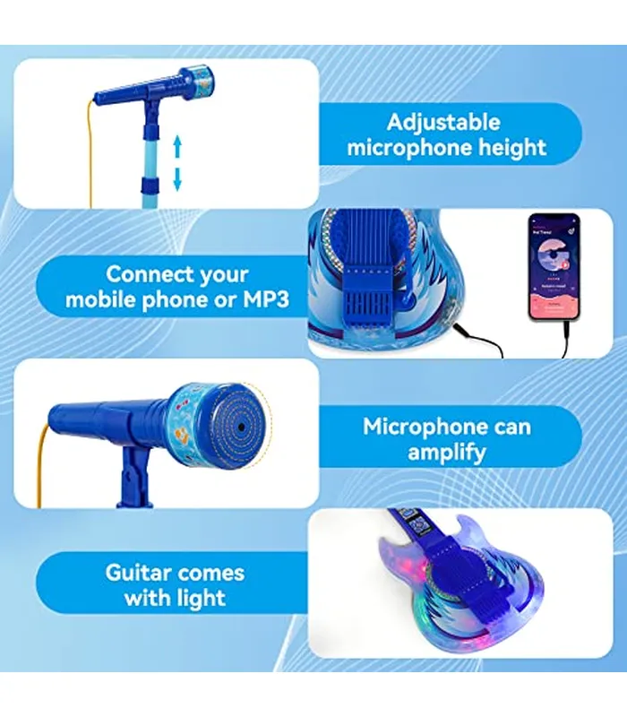 B0BZSPFF9C05 Juego de guitarra y micrófono para niños, máquina de karaoke con música y luz, juguetes de micrófono con soporte, juguetes de guitarra de altura ajustable para niños, niños pequeños (azul)