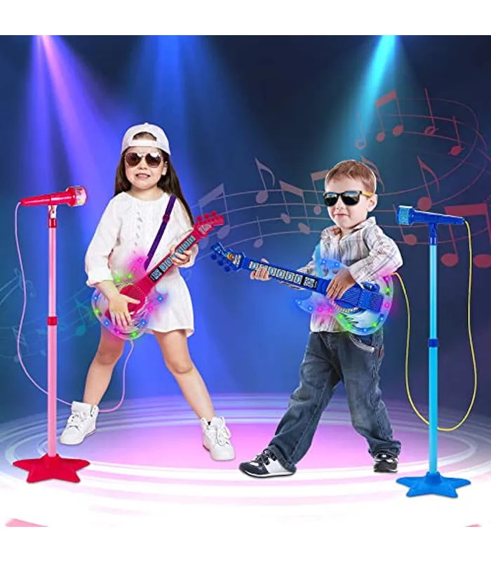 B0BZSPFF9C06 Juego de guitarra y micrófono para niños, máquina de karaoke con música y luz, juguetes de micrófono con soporte, juguetes de guitarra de altura ajustable para niños, niños pequeños (azul)