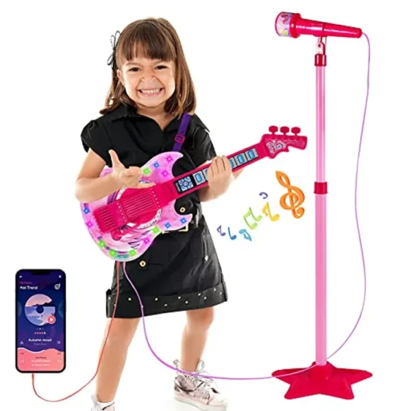 Juego de guitarra y micrófono para niñas, máquina de karaoke con música y luz, juguetes de micrófono con soporte, juguetes de guitarra de altura ajustable para niños, niños pequeños (rojo)