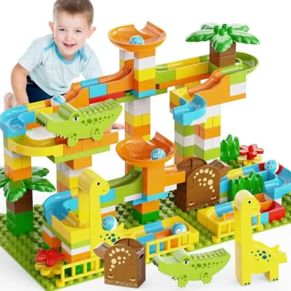 JIXIn Bloques de construcción de dinosaurio Marble Runs, 187 piezas compatibles con Lego DUPLOS para edades de 2 a 5 años, juguetes STEM Montessori, divertido juego de dinosaurios para niños de 3 años