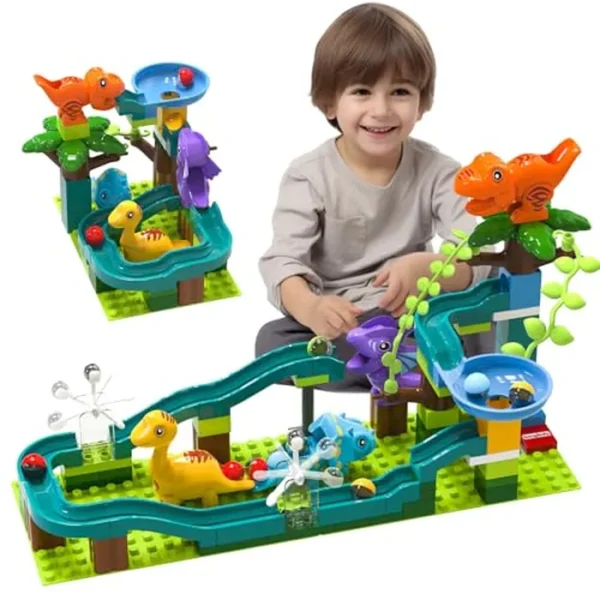 Marble Runs - Aventura de dinosaurios con martillo de gravedad y pistas de construcción, 80 piezas compatibles con juguetes de construcción interactivos, juego de laberinto para niños de 3, 4, 5, 6, 7