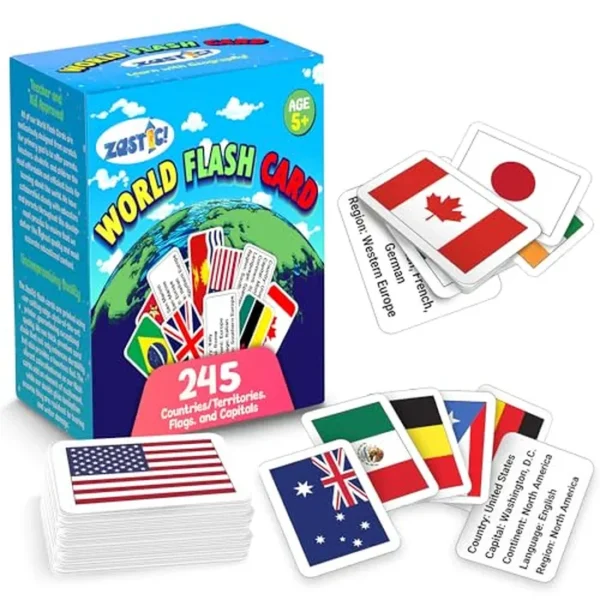 Zastic! World Flags Flashcards - 245 banderas de país, capitales, idiomas y continentes - Tarjetas de geografía para niños laminadas brillantes