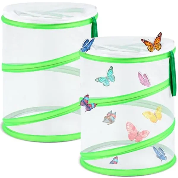 Sabary Jaula para hábitat de insectos y mariposas, terrario de malla transparente de 9 x 11 pulgadas, cierre de mariposa desplegable para orugas con puerta con cremallera para niños y niñas, 2