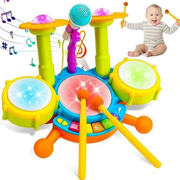 Juego de batería para niños pequeños de 1 a 3 años, juguetes musicales para bebés de 1 año, juguetes Montessori con micrófono, juguetes de aprendizaje iluminados, regalos de cumpleaños para bebés de