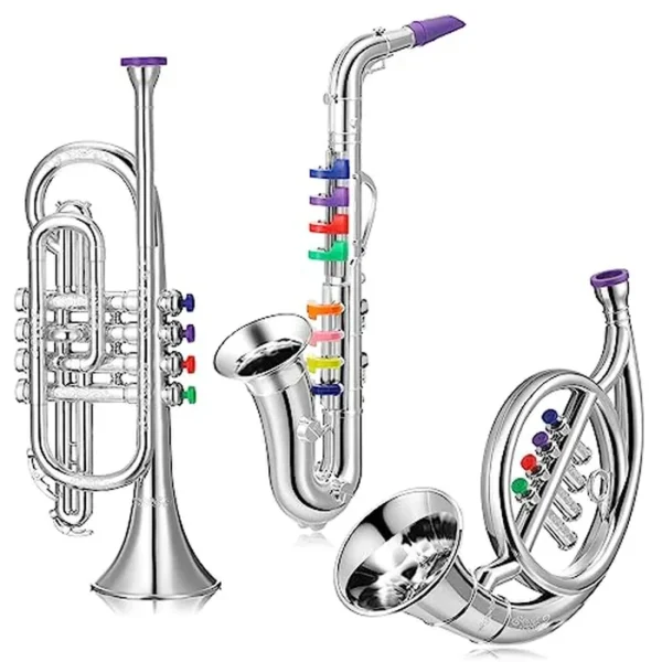 Treela Juego de 3 instrumentos musicales, saxofón, trompeta y cuerno para principiantes, 3 instrumentos musicales de viento y latón, combo con teclas de colores codificadas para niños y niñas