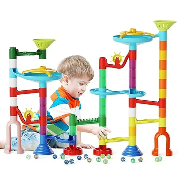 Juguete de carrera de mármol, 110 piezas, kit de laberinto de mármol, juguete educativo STEM de aprendizaje para niños, construcción de carreras, bloques de construcción de ferrocarril con 60 canicas,